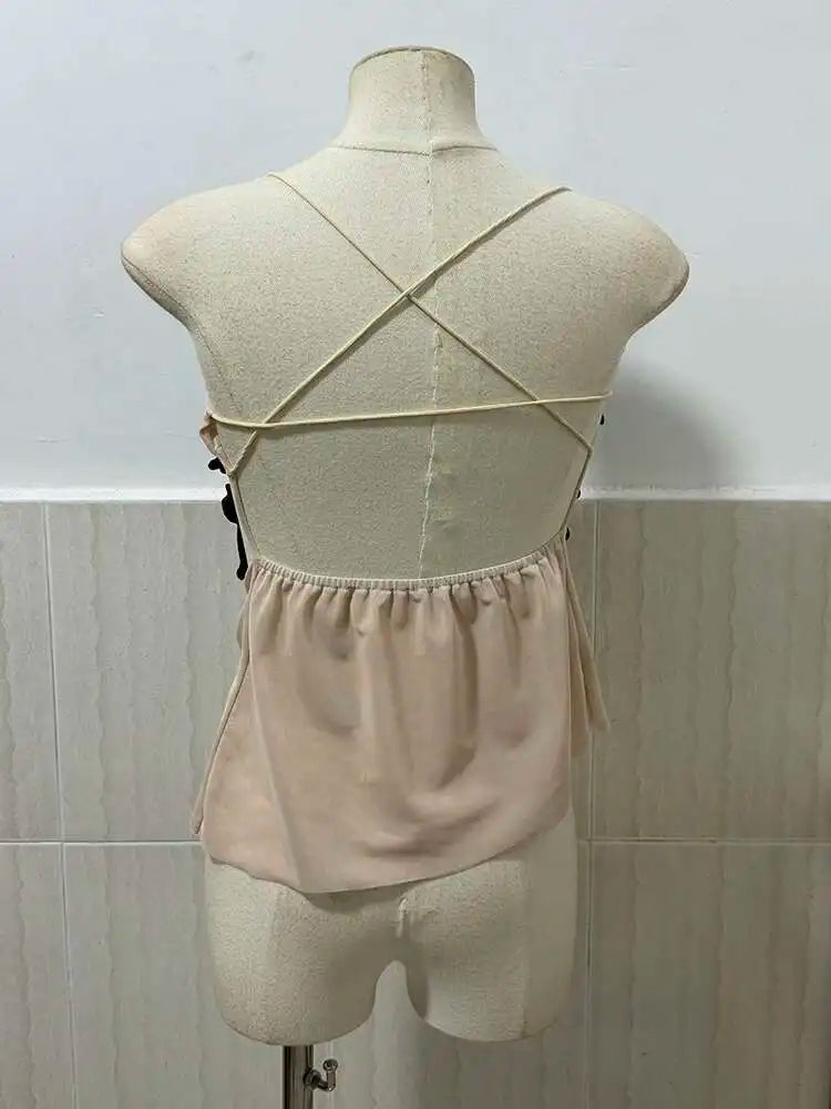DEAT Fashion 3D Flower Design Backless Camisole For Women Spring New Arrival Trendy Mesh Outwear Sling Vests Female 11A03412