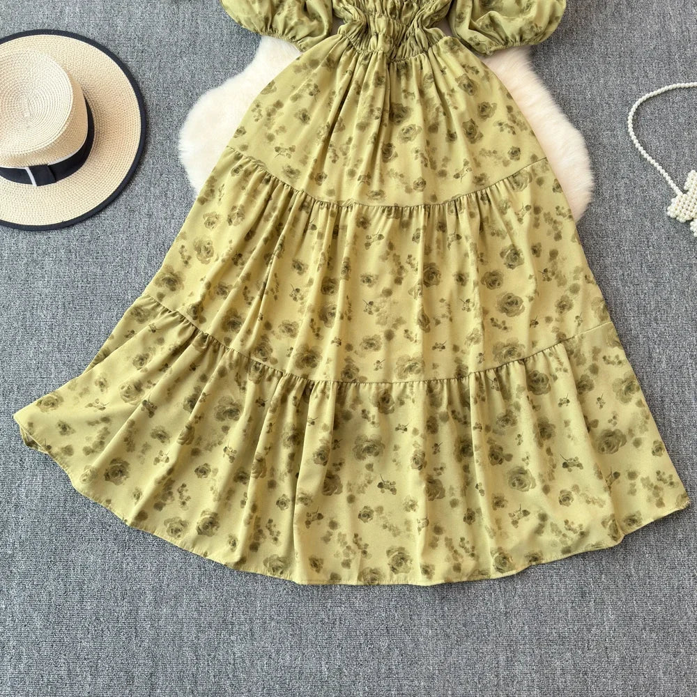 2024 Neues Sommer Blumenmuster Maxikleid Damen Vintage Eckiger Ausschnitt Geraffte Brust Schärpe Bandage Sommerkleid Partykleid