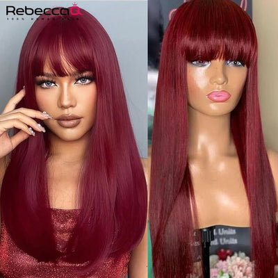 Tragen Sie 99J Perücke Burg Rot Knochenglatt Echthaar Perücke mit Pony für Frauen Brasilianisches Remy-Haar Gefärbte Halloween Cosplay Perücken