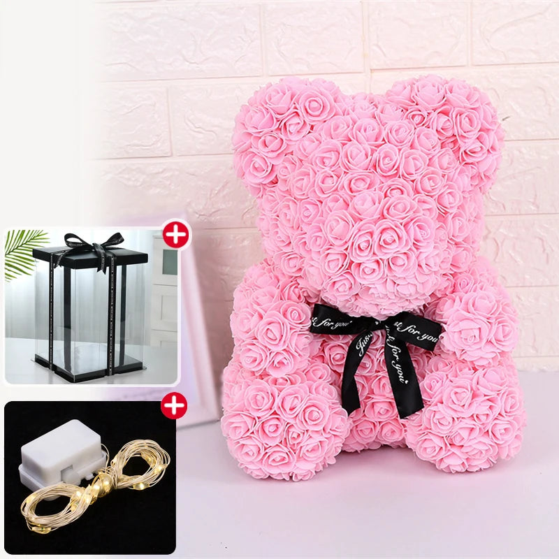 Valentinstagsgeschenke Dekoration Rosenbär Künstliche Blume mit Box Lichter Teddybär für Frauen Freundin Geburtstagsgeschenk Liebesblume