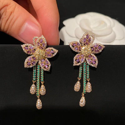 Zircon Purple Delicate Flower Water Drop Fringed Earrings