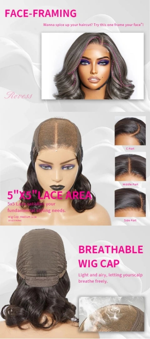 Salz-und-Pfeffer Loose Wave Lace Front Bob Perücke Echthaar Seitenscheitel 5x5 HD Verschluss Lace Perücke Ready To für schwarze Frauen