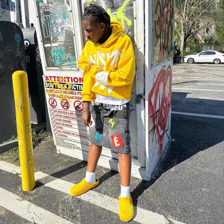 Y2K Hip Hop Denim Shorts Loose Fit Cotton Five-Quarter Length Printed Embroidered Low-Mid Waist Jeans Shorts for Men
