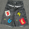 Y2K Hip Hop Denim Shorts Loose Fit Cotton Five-Quarter Length Printed Embroidered Low-Mid Waist Jeans Shorts for Men