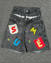 Y2K Hip Hop Denim Shorts Loose Fit Cotton Five-Quarter Length Printed Embroidered Low-Mid Waist Jeans Shorts for Men