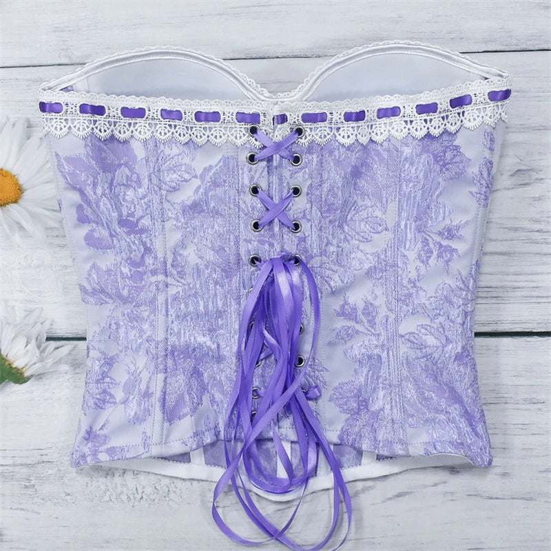 Sexy Women Pink Overbust Corset Crop Top Sweet Lace Patchwork Slim Fit Strapless Bustier Chic Party Summer Clothes Streetwear