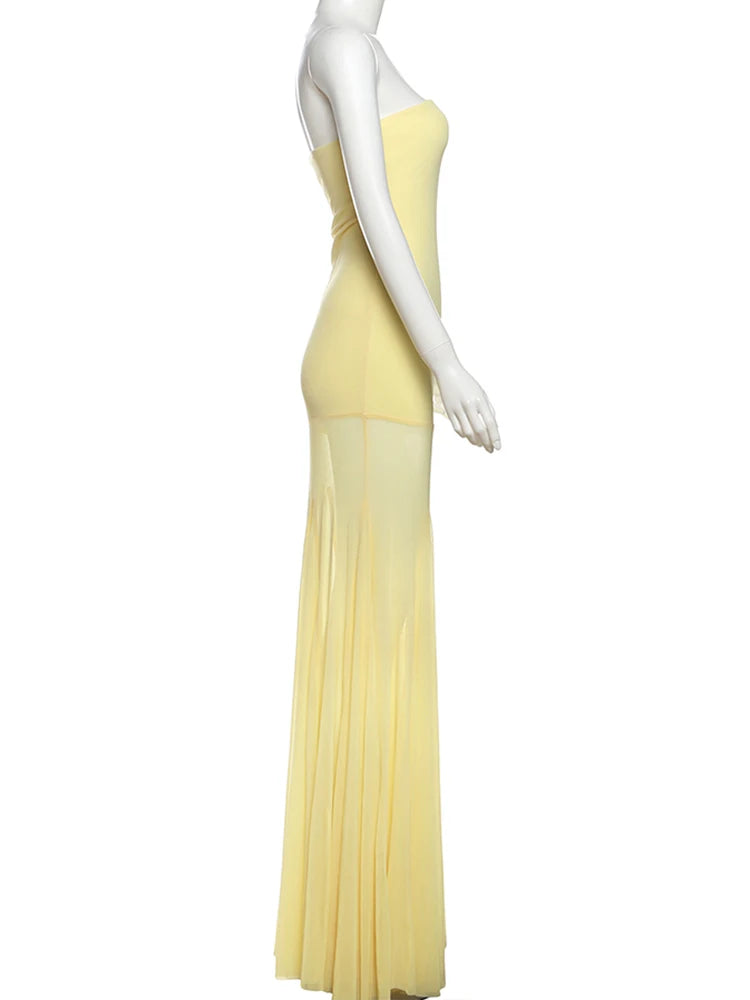 Weird Puss Patchwork Transparente Kleid Damen Elegant Einfarbig Plissiert Trägerlos Ärmellos Rückenfrei Schmal Bankett Party Vestidos