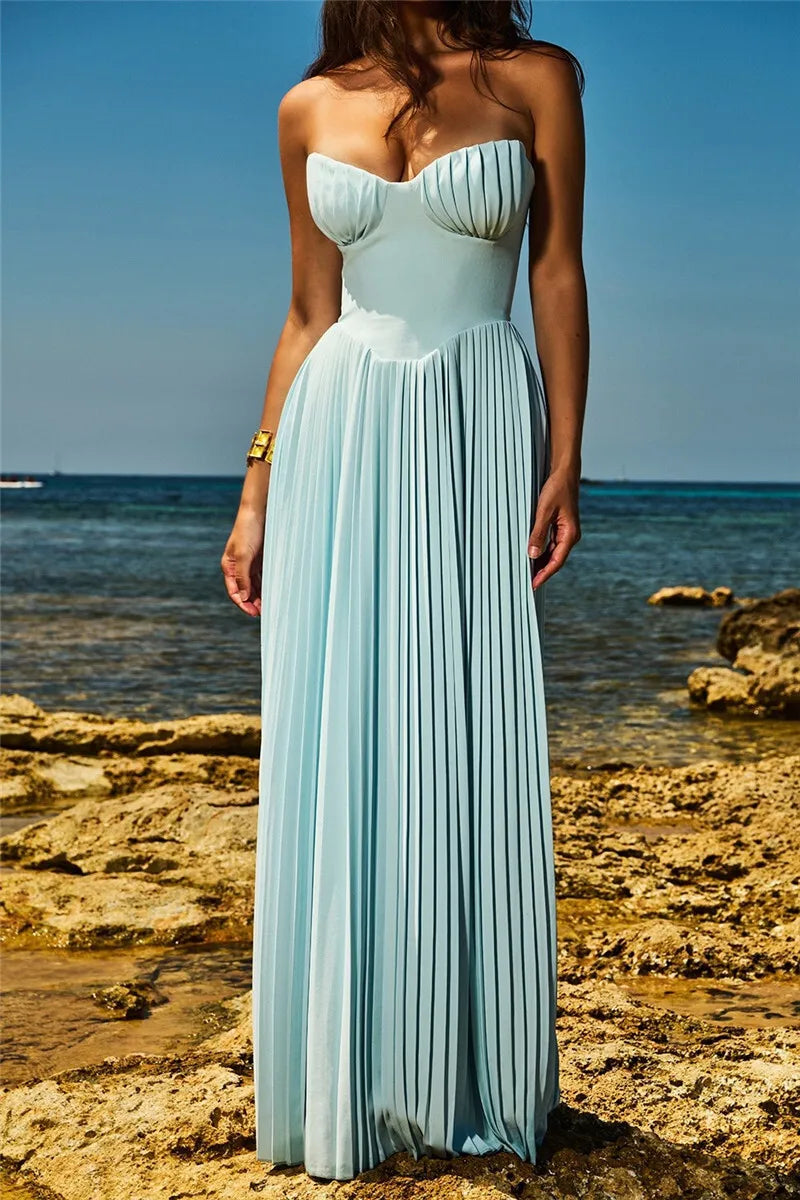 Mozision schulterfreies, rückenfreies, plissiertes Maxikleid für Damen, modisch, trägerlos, ärmellos, hohe Taille, eng anliegend, sexy, langes Kleid