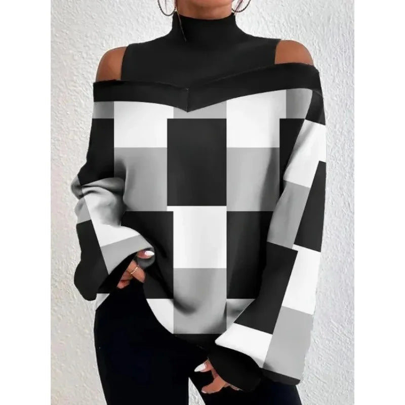 2024Damen Langarm Rollkragenpullover Damen Sexy schulterfrei ausgehöhlte lockere bedruckte T-Shirts 2024 Herbst Mode T-Shirt Top