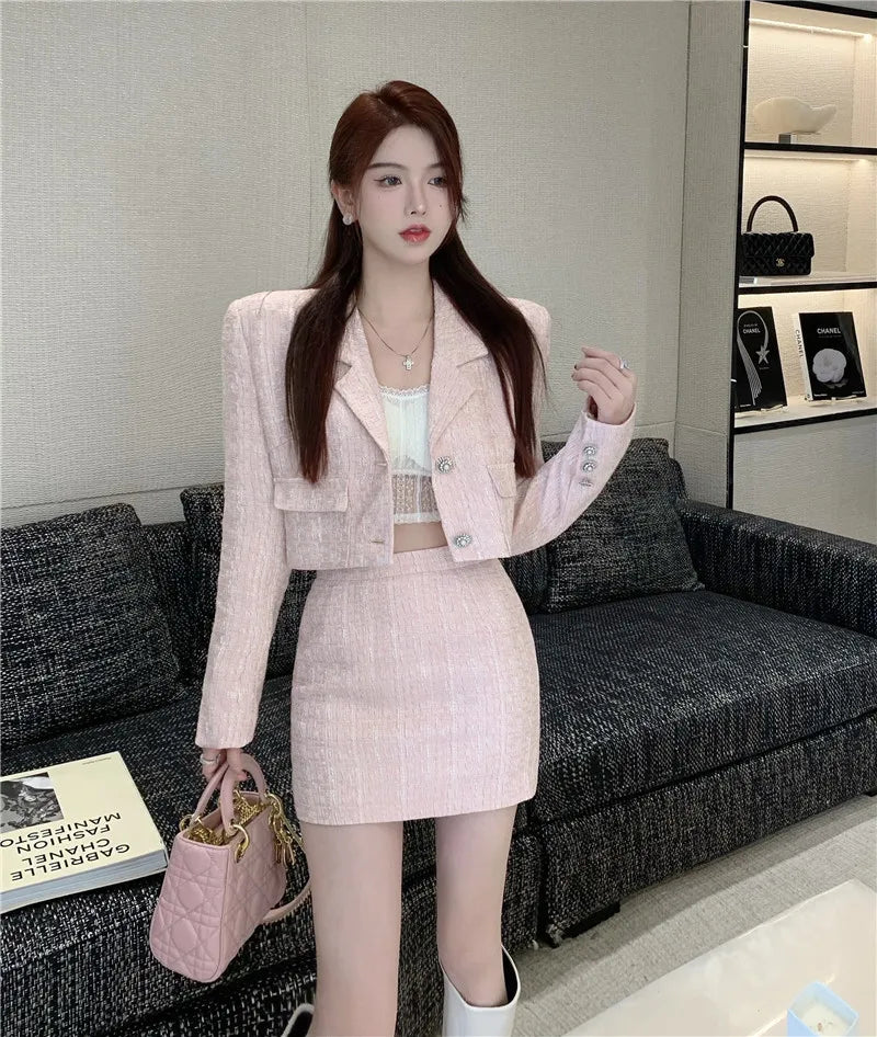 Elegant Fashion Pink Tweed Suit Women's Autumn 2023 Y2k High Quality Blazer Coat+Bag Hip Skirt Commuting Two-Piece Set
