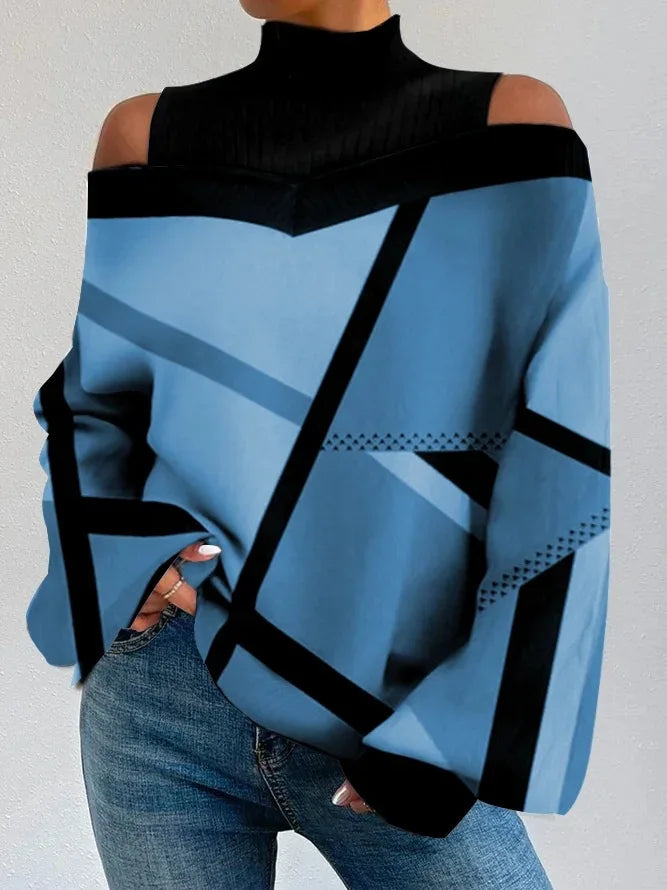 2024Damen Langarm Rollkragenpullover Damen Sexy schulterfrei ausgehöhlte lockere bedruckte T-Shirts 2024 Herbst Mode T-Shirt Top