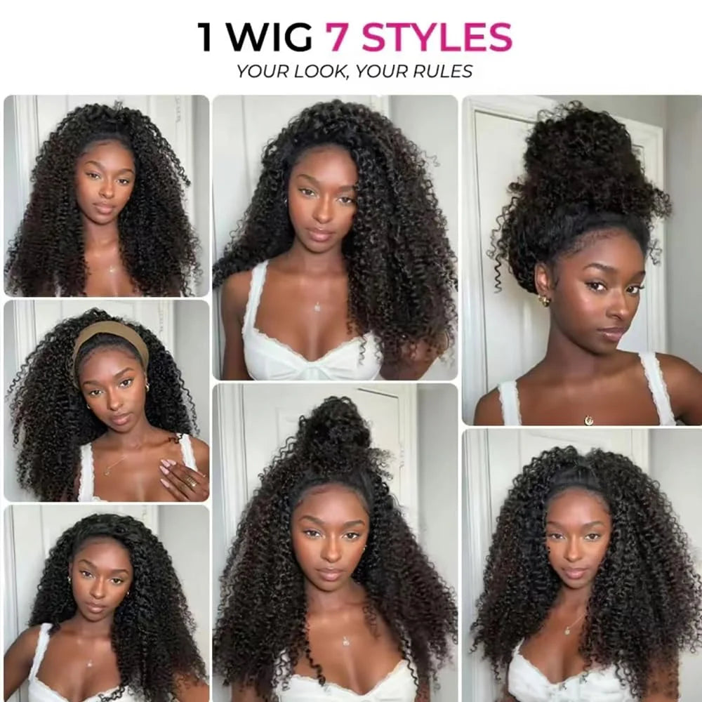 Glueless Half Wigs Human Hair Kinky Curly Headband Wig Upgrade 3 IN 1 No Lace Wig With Drawstring Seamless Clip Ins Flip Over