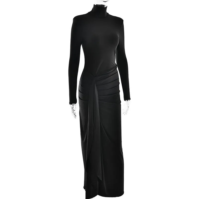 Mozision Rollkragen Oberschenkelhohes Schlitz Sexy Maxikleid für Damen Mode Langarm Drapierte Bandage Bodycon Club Langes Kleid