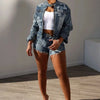 FAGADOER Fashion Denim Embroidery Shorts Two Piece Sets Women Zipper Long Sleeve Coat And Shorts Outfits Female Cowboy 2pcs Suit