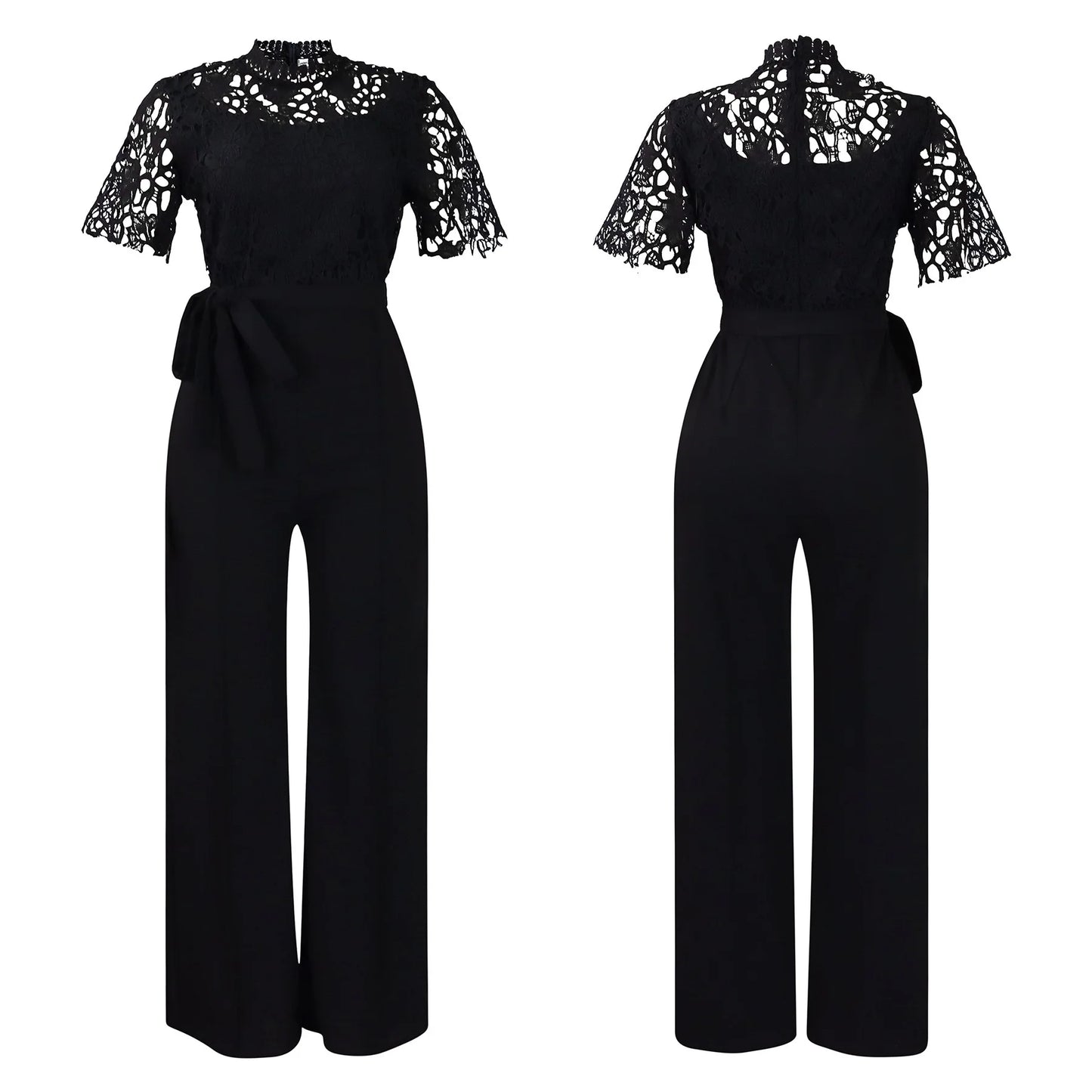 Elegante Jumpsuits & Rompers für Damen Rundhals Spitze Patchwork Kurzarm Gürtel Hohe Taille Luxus Geburtstagsparty Abend Outfit