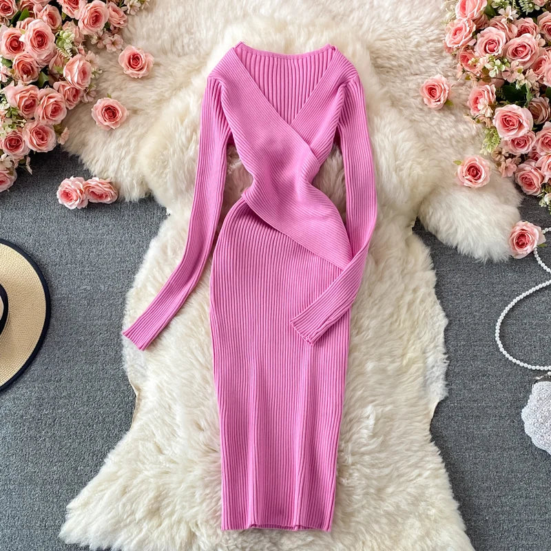 YuooMuoo Autumn Winter 2025 Women Dress Elegant Cross V-neck Slim Waist Knitted Bodycon Dress Korean Office Lady Vestidos
