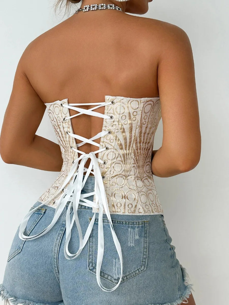 SsTss American Court Corset Sheer Mesh Breathable Corset Sexy Top Hollow Irregular Lace Double Layer Shapewear Chic Camis Top