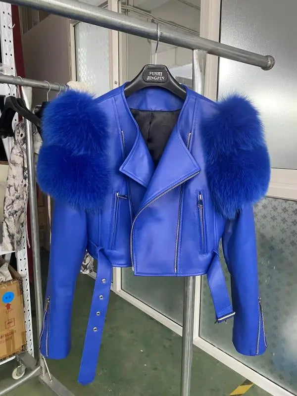 GO BALLISTIC YA Ladies' Genuine Leather Jacket with Fur Sleeve Women's Natural Lambskin Outfit