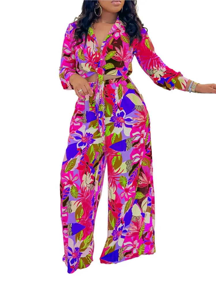 2024 Frühling Sommer Neuer langärmeliger bedruckter Anzug für Damen, Mode-Revers, einreihiges Hemd, weite Hose, Zweiteiler-Set