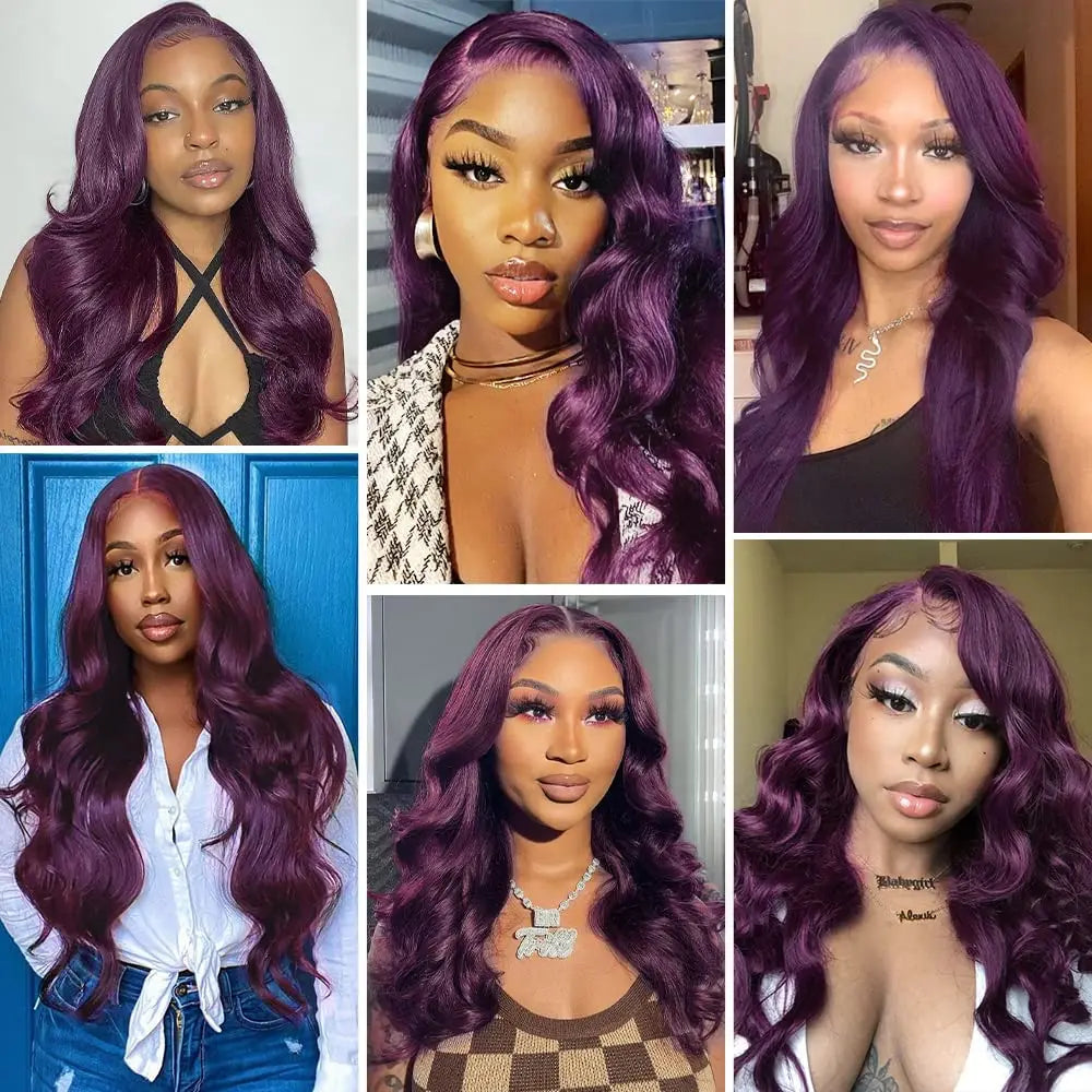 200% Density 13X6 Dark Purple Colored Body Wave Lace Front Wigs Pre Plucked Glueless 13x4 Long Wavy Lace Frontal Wigs For Women