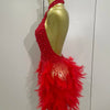 Women Luxury Rhinestones Pearls Feathers Halter Backless Short Dress Women Sexy Celebrate Birthday Dress Nightclub Stage Costume