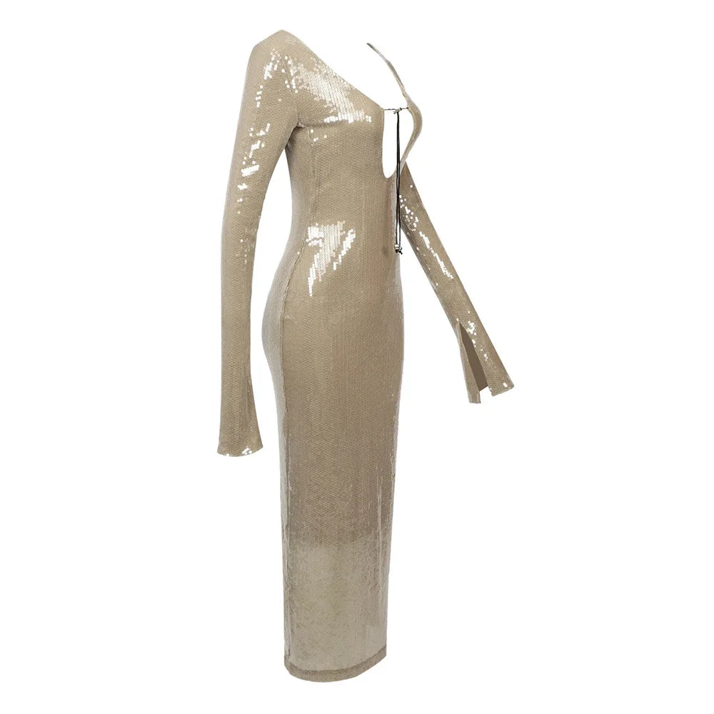 Abendkleid Damen Elegant Pailletten Tiefer V-Ausschnitt Langarm Midikleid Sexy Luxuriös Rückenausschnitt Schnürung Knöchellang Bandage Partykleid