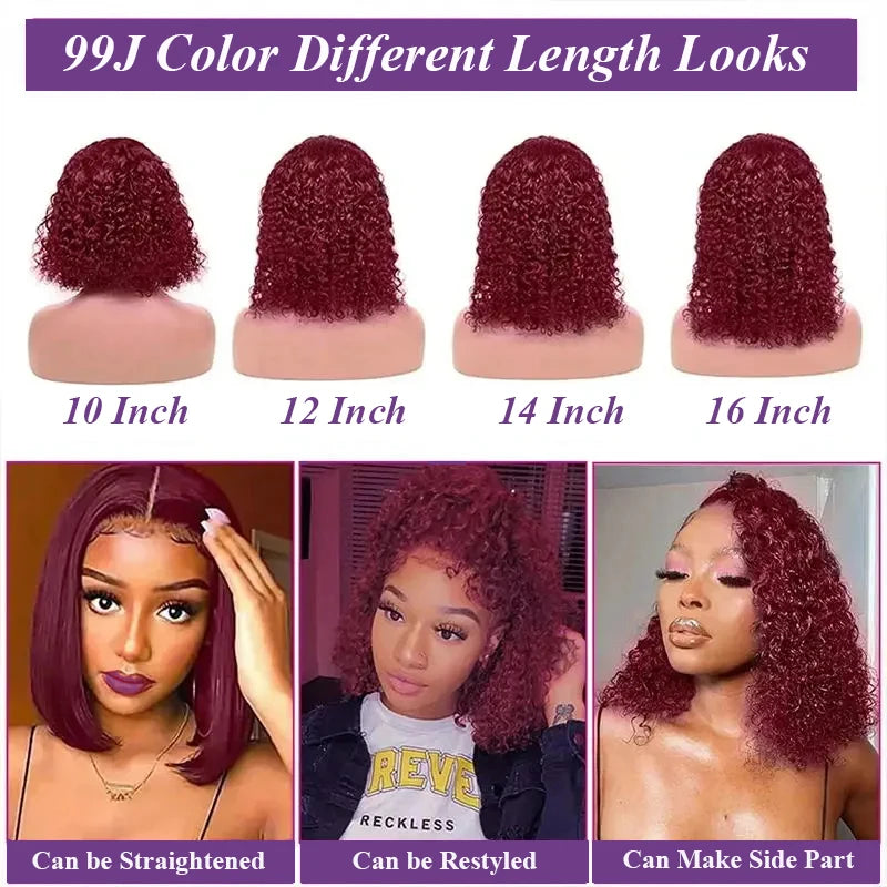 13x4 Deep Wave Frontal Wig 99J Burgundy Lace Front Wig Short Bob Hair Wig Human Hair HD Transparent Lace Pre Plucked Hairline