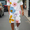 Fashion Men's Black and White Flower Graphic Print T-shirt Shorts 2-piece Set O-neck Short Sleeve Top Elastic Waist Shorts Set