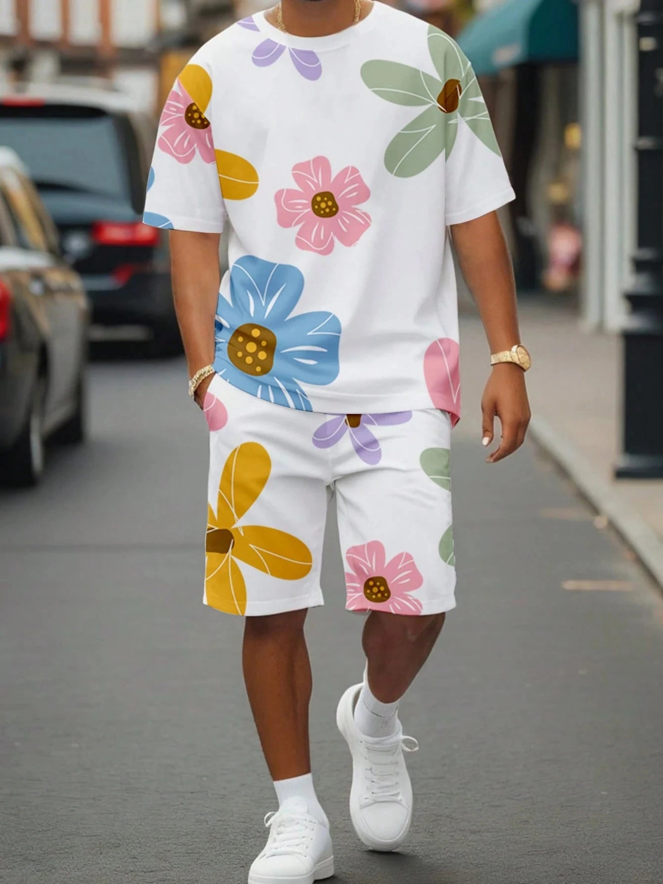 Fashion Men's Black and White Flower Graphic Print T-shirt Shorts 2-piece Set O-neck Short Sleeve Top Elastic Waist Shorts Set