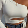 Women lady bandage slim tee tops long sleeve one-shoulder bow-tie elastic solid T Shirt cold shoulder sexy crop top Club Street