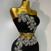 Women Sexy Strapless Flower Diamonds Black Maxi Long Bandage Two Piece Set 2025 Knitted Elegant Evening Club Party Prom Gowns