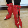 Gürtelschnalle Reißverschluss vorne Modenschau Stiefeletten Damen Herbst Winter Neu Spitz Metallverzierung Rote High Heels Ankle Boots