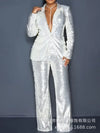 Sequin Blazer V-Neck Two Piece Pant Suit Set