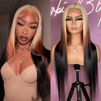 613 Blond mit braunem Ombre Perücke Synthetische Lace Front Perücke Lang Glatt Body Wave 13x4 Frontal Farbverlauf Farbige Perücken für Frauen