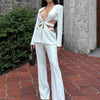 Modphy Red Sexy V-neck Long Sleeve Jacket+High Waist Flare Pants Blazer Set Women'S 2025 New Hollow Out Designer Two-Piece Set