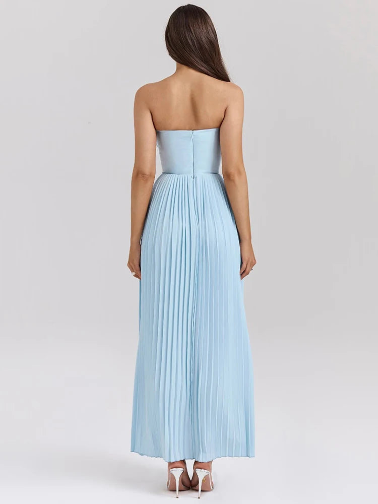 Mozision schulterfreies, rückenfreies, plissiertes Maxikleid für Damen, modisch, trägerlos, ärmellos, hohe Taille, eng anliegend, sexy, langes Kleid