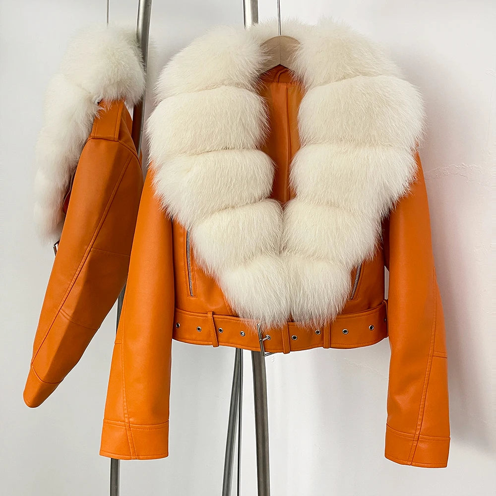 OFTBUY Natural Fox Fur Faux Leather Jacket Female New Autumn Short Top Clothing Women Long Sleeve Fake Leather Real Fur Coat