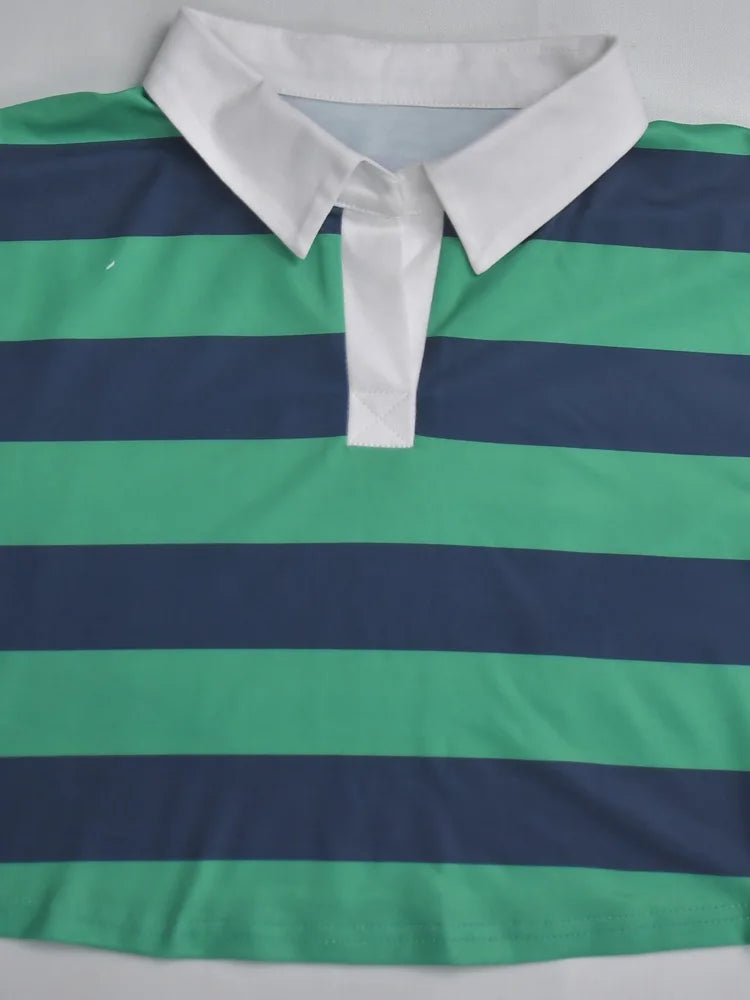 Beyprern Stylish Green Blue Striped Polo Skirt Set Two-Piece Dress For Women Short Sleeve Striped Tracksuits Set Night Clubwear