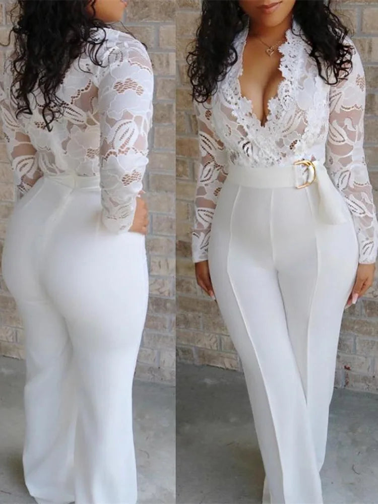 Weißer Overall Damen, elegant, Spitze, lang, Einteiler, hohe Taille, Federn, Y2k, sexy, Hochzeitsfeier, Abend, Jumpsuit