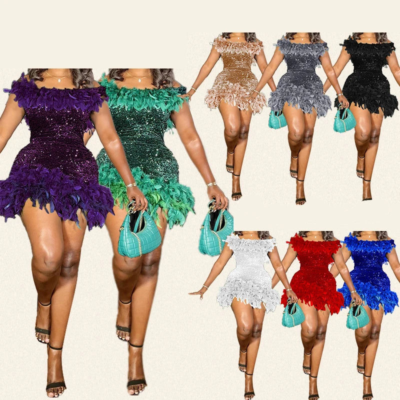Damen Partykleid Ärmellos Glänzende Pailletten Feder Abendkleid Sexy schulterfrei rückenfrei Mini Formelle Ballkleider HXY8