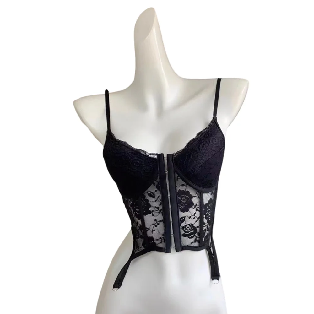 V-Neck Sexy Lace Corset Top Slim Fit Push Up Hollow Suspender Vest Adjustable Straps Off Shoulder Breathable Mesh Vest Travel