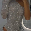2025 Spice Girls Sexy Pailletten-Top, One-Shoulder, eng anliegend, mit Strasssteinen, einfarbig, Silber, einteilig, Mode, Party, Nachtclub, Sommer-Top