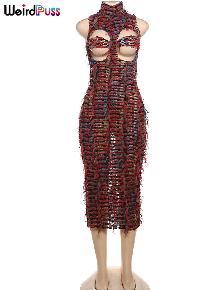 Weird Puss Sexy Hollow Dress Damen Strick Buntes Quasten Backless Y2k Sommer Trend Stretch Ärmellos Elastisch Bodycon Clubwear