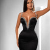 2024 Neues schwarzes Bandagenkleid Damen elastisch Kristall Spaghettiträger tiefer V-Ausschnitt Bodycon Mini Celebrity Abend Club Party Kleider