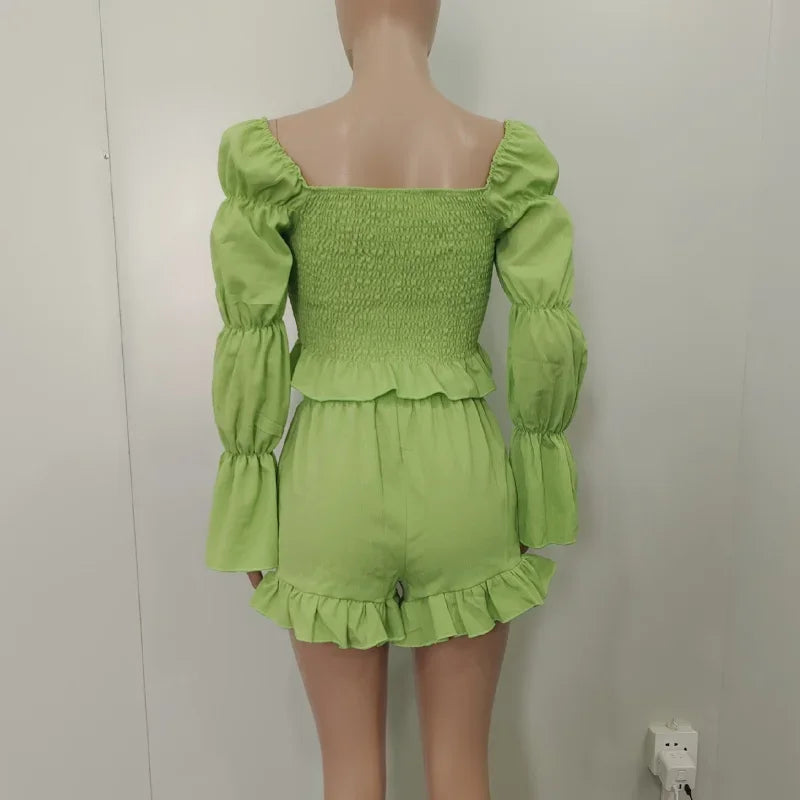 Chic Women Sweet Set Puff Sleeve Crop Tops and Shorts Outfits Solid Stretch Pleated Sexy Summer Girl 2 Two Piece Suit