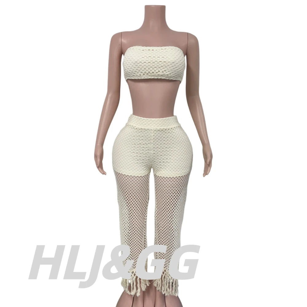 HLJ Casual Crochet Knit Women 2 Piece Outfits Strapless Bandeau Crop Top + Tassel Mesh Wide Leg Pants Matching Streetwear Summer