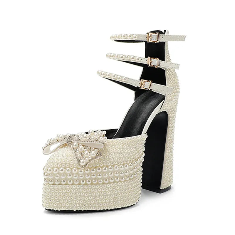 Luxury Handmade Full Pearls Rhinestones Bowknot Women Pumps Fashion Ankle Strap Platform Wedges High heels Banquet Wedding Shoes