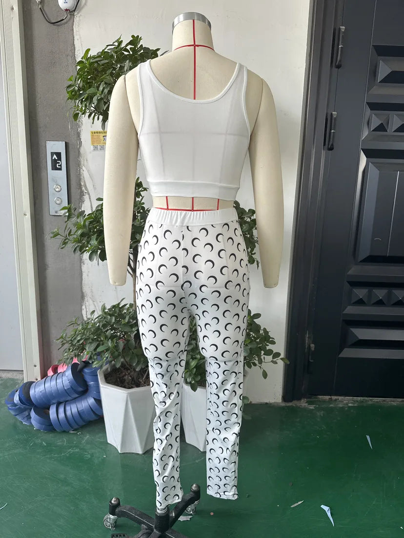 STYLISH LADY Moon Printed Sports 2 Piece Set Women Sleeveless Crop Top and Skinny Pant Suits 2025 Summer Street Fitness Outfits