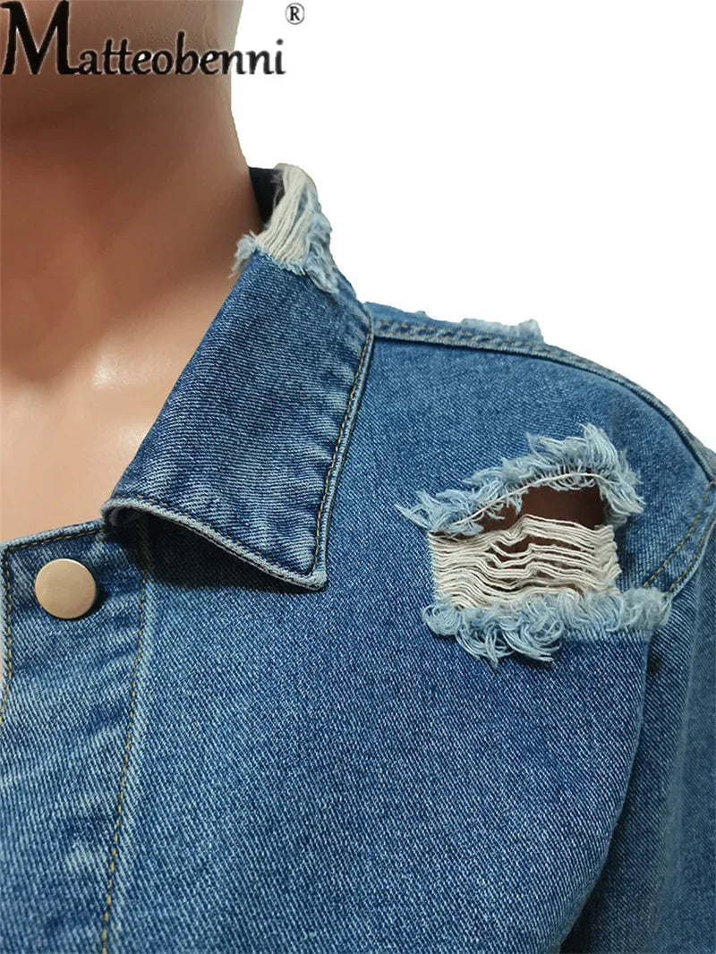 Fashion Zerissene Löcher Langarm Kurze Jeansjacke Damen Trend Streetwear Freizeit Oberbekleidung Damen Doppelknopf Splicing Mantel