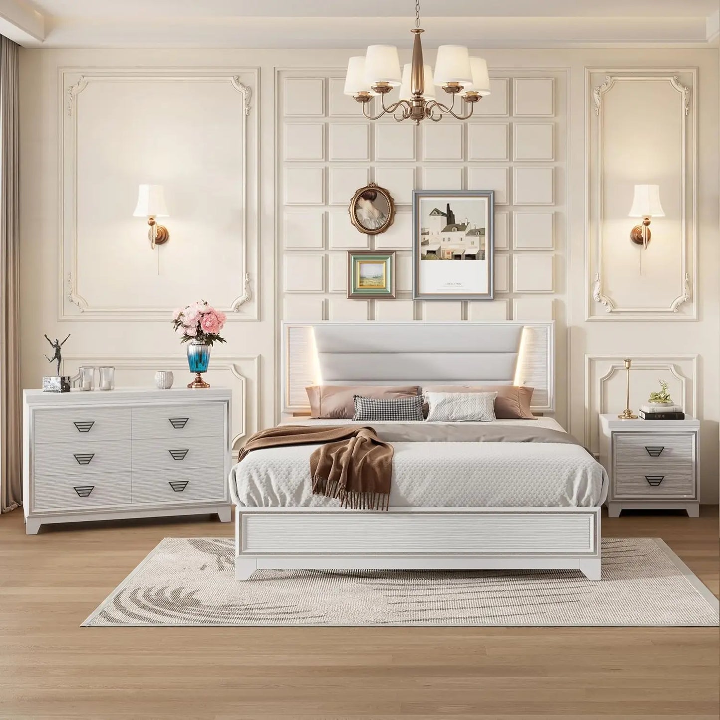 3-teiliges Schlafzimmerset Queen-Size Polsterbett mit LED-Beleuchtung, Nachttischen, 3-teiliges Schlafzimmermöbel-Set aus Holz, Weiß